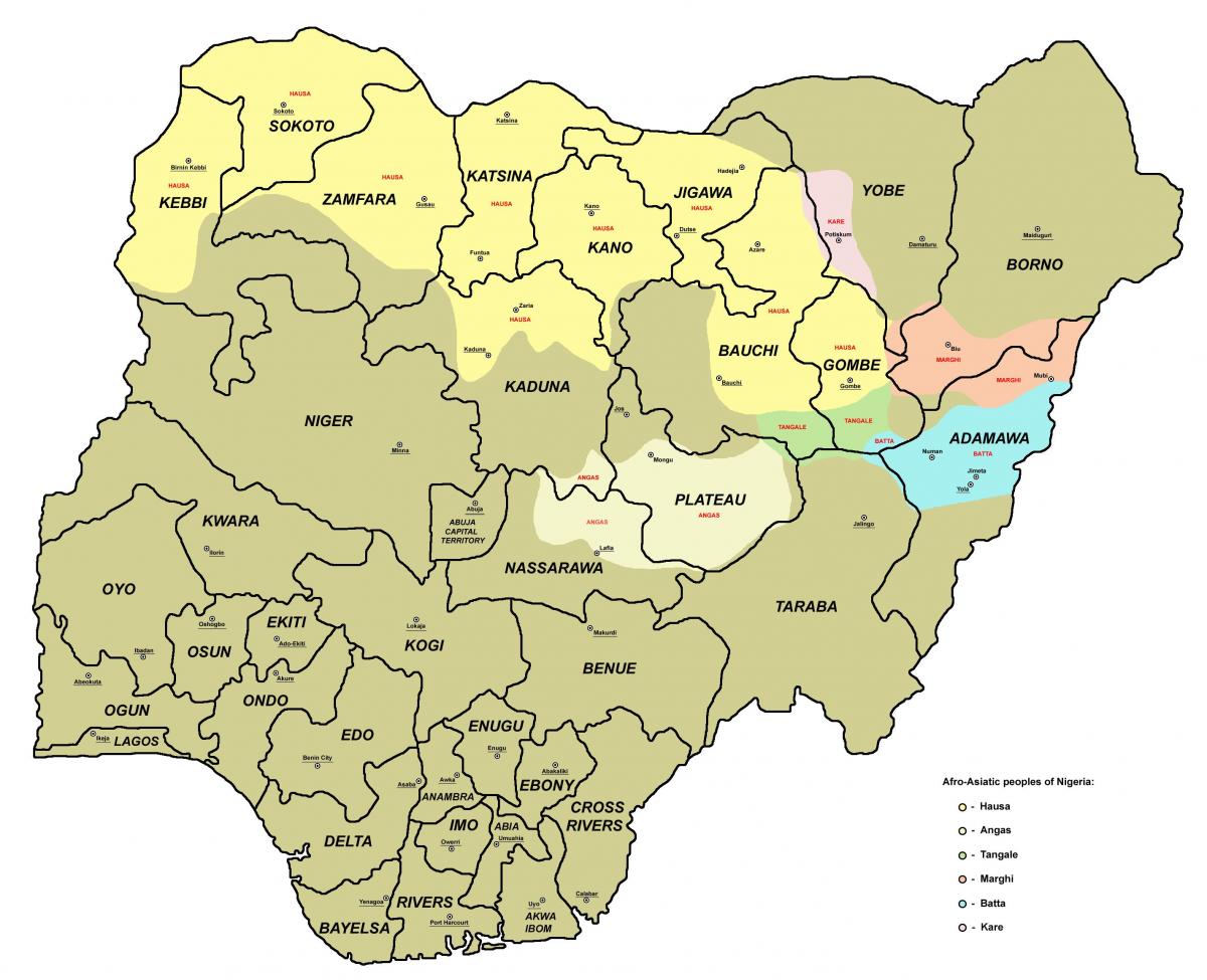 Map of nigeria showing the 36 states and their capitals